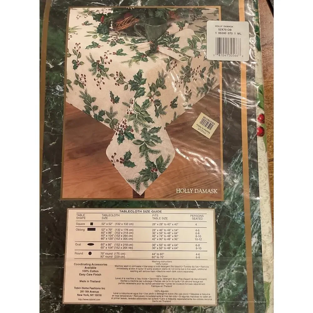 Holiday Tablecloth Holly Damask Berries Cotton 60” x 70” Oblong NIP